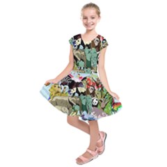 Zoo Animals Peacock Lion Hippo Kids  Short Sleeve Dress by Pakrebo