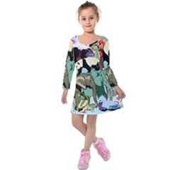 Zoo Animals Peacock Lion Hippo Kids  Long Sleeve Velvet Dress by Pakrebo