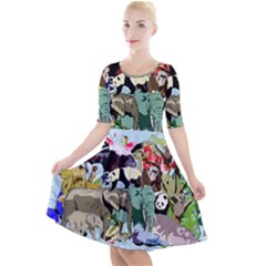 Zoo Animals Peacock Lion Hippo Quarter Sleeve A-line Dress by Pakrebo