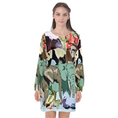 Zoo Animals Peacock Lion Hippo Long Sleeve Chiffon Shift Dress  by Pakrebo