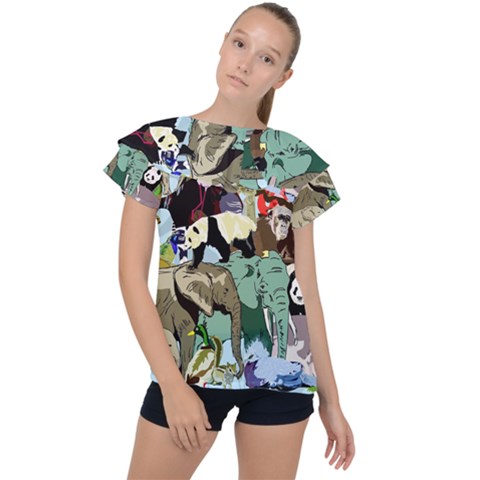 Zoo Animals Peacock Lion Hippo Ruffle Collar Chiffon Blouse by Pakrebo