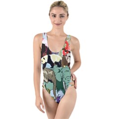 Zoo Animals Peacock Lion Hippo High Leg Strappy Swimsuit by Pakrebo