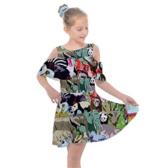 Zoo Animals Peacock Lion Hippo Kids  Shoulder Cutout Chiffon Dress by Pakrebo