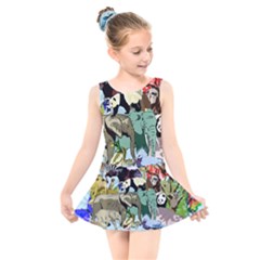 Zoo Animals Peacock Lion Hippo Kids  Skater Dress Swimsuit by Pakrebo