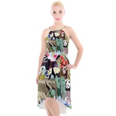 Zoo Animals Peacock Lion Hippo High-low Halter Chiffon Dress  by Pakrebo