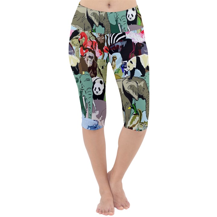 Zoo Animals Peacock Lion Hippo Lightweight Velour Cropped Yoga Leggings