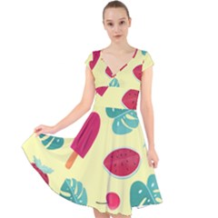 Watermelon Leaves Strawberry Cap Sleeve Front Wrap Midi Dress by Pakrebo