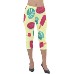 Watermelon Leaves Strawberry Lightweight Velour Capri Leggings  by Pakrebo