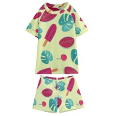 Watermelon Leaves Strawberry Kids  Swim Tee And Shorts Set by Pakrebo