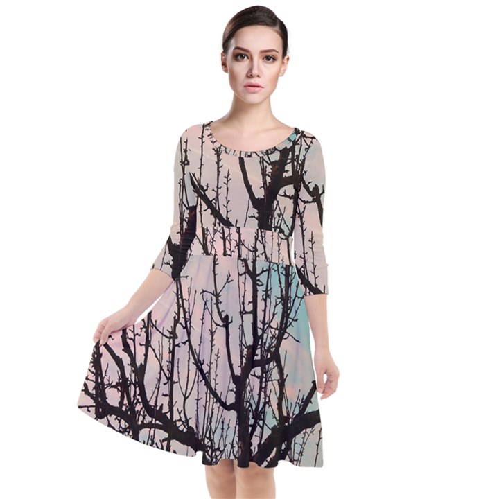 Fruit Tree Silhouette Aesthetic Quarter Sleeve Waist Band Dress