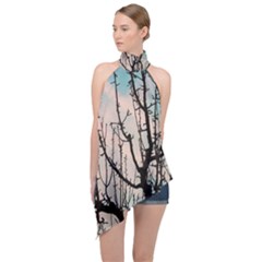 Fruit Tree Silhouette Aesthetic Halter Asymmetric Satin Top by Pakrebo