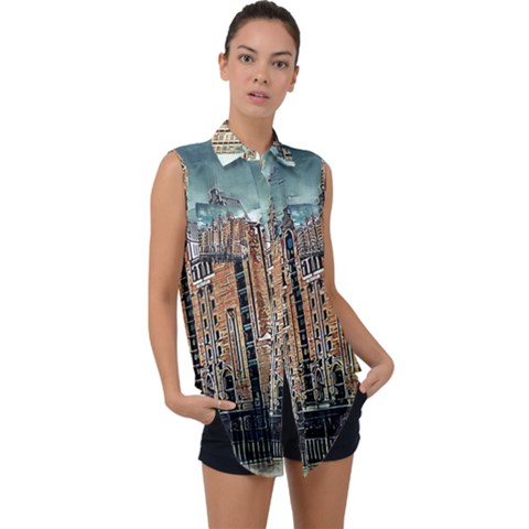 Architecture City Building Travel Sleeveless Chiffon Button Shirt by Pakrebo