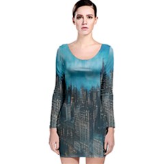 Cityscape Buildings Skyscraper Long Sleeve Velvet Bodycon Dress by Pakrebo