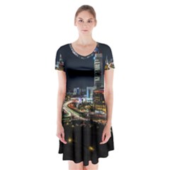 Night City Seoul Travel Korea Sky Short Sleeve V-neck Flare Dress by Pakrebo