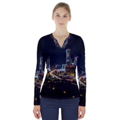 Night City Seoul Travel Korea Sky V-neck Long Sleeve Top by Pakrebo