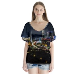 Night City Seoul Travel Korea Sky V-neck Flutter Sleeve Top by Pakrebo