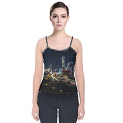 Night City Seoul Travel Korea Sky Velvet Spaghetti Strap Top by Pakrebo