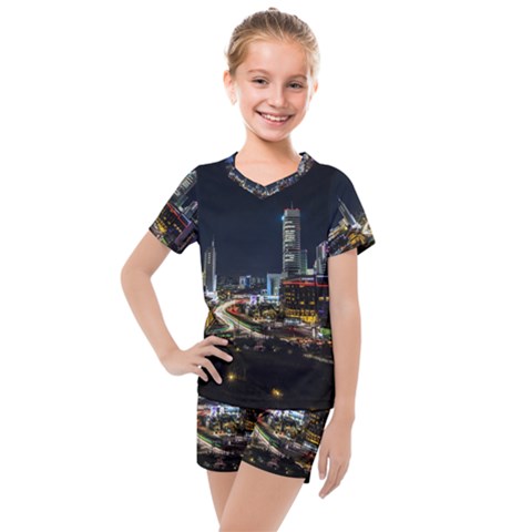 Night City Seoul Travel Korea Sky Kids  Mesh Tee And Shorts Set by Pakrebo