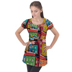 Houses Handmade Cultural Puff Sleeve Tunic Top by Pakrebo