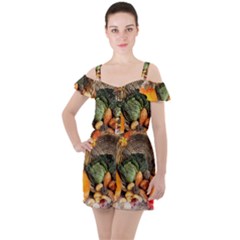 Pumpkin Vegetables Autumn Ruffle Cut Out Chiffon Playsuit by Pakrebo