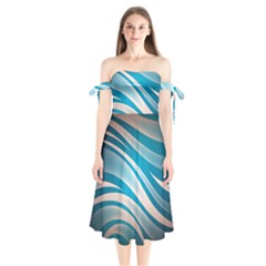 Background Abstract Blue Wavy Shoulder Tie Bardot Midi Dress by Pakrebo