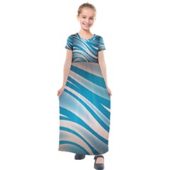 Background Abstract Blue Wavy Kids  Short Sleeve Maxi Dress by Pakrebo