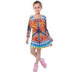 Tie Dye Peace Sign Kids  Long Sleeve Velvet Dress by Pakrebo