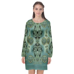 Tree In Golden Meditative Frames Long Sleeve Chiffon Shift Dress 