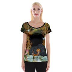 Cute Fairy With Awesome Wolf In The Night Cap Sleeve Top by FantasyWorld7