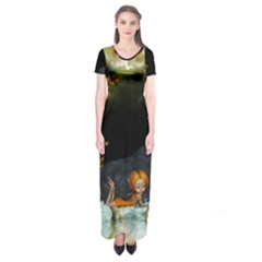 Cute Fairy With Awesome Wolf In The Night Short Sleeve Maxi Dress by FantasyWorld7