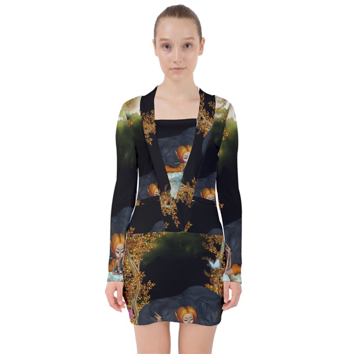 Cute fairy with awesome wolf in the night V-neck Bodycon Long Sleeve Dress