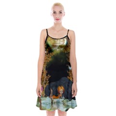 Cute Fairy With Awesome Wolf In The Night Spaghetti Strap Velvet Dress by FantasyWorld7