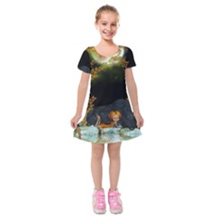 Cute Fairy With Awesome Wolf In The Night Kids  Short Sleeve Velvet Dress by FantasyWorld7