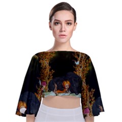 Cute Fairy With Awesome Wolf In The Night Tie Back Butterfly Sleeve Chiffon Top by FantasyWorld7