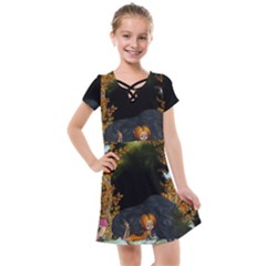 Cute Fairy With Awesome Wolf In The Night Kids  Cross Web Dress by FantasyWorld7