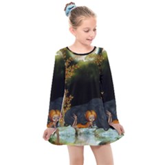 Cute Fairy With Awesome Wolf In The Night Kids  Long Sleeve Dress by FantasyWorld7