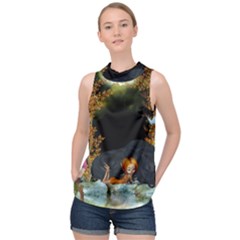 Cute Fairy With Awesome Wolf In The Night High Neck Satin Top by FantasyWorld7