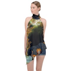 Cute Fairy With Awesome Wolf In The Night Halter Asymmetric Satin Top by FantasyWorld7