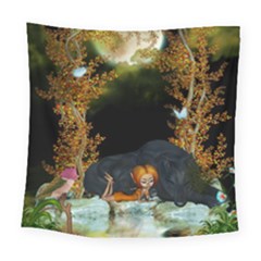 Cute Fairy With Awesome Wolf In The Night Square Tapestry (large) by FantasyWorld7