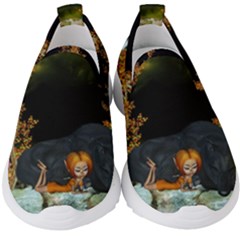 Cute Fairy With Awesome Wolf In The Night Kids  Slip On Sneakers by FantasyWorld7