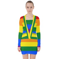 LGBT Rainbow Pride Flag V-neck Bodycon Long Sleeve Dress