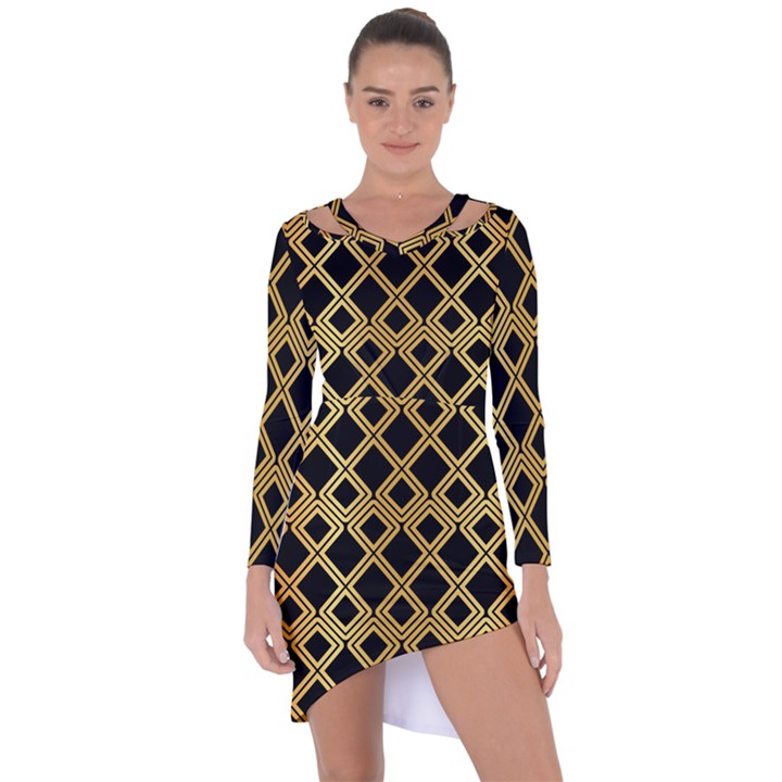 Arabic Pattern Gold And Black Asymmetric Cut-Out Shift Dress