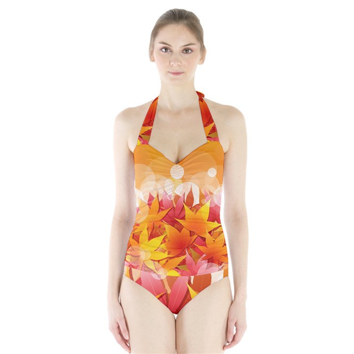 Autumn Background Maple Leaves Bokeh Halter Swimsuit