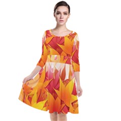 Autumn Background Maple Leaves Bokeh Quarter Sleeve Waist Band Dress by Nexatart