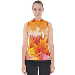 Autumn Background Maple Leaves Bokeh Mock Neck Shell Top by Nexatart