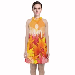 Autumn Background Maple Leaves Bokeh Velvet Halter Neckline Dress 