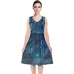 Trees Road Moonlight Avenue V-neck Midi Sleeveless Dress  by Nexatart