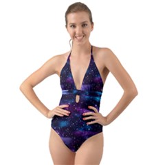 Background Space Planet Explosion Halter Cut-out One Piece Swimsuit by Nexatart