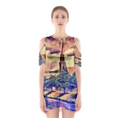 Castle Fortress Landmark Historical Shoulder Cutout One Piece Dress