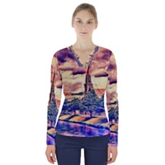 Castle Fortress Landmark Historical V-neck Long Sleeve Top by Nexatart